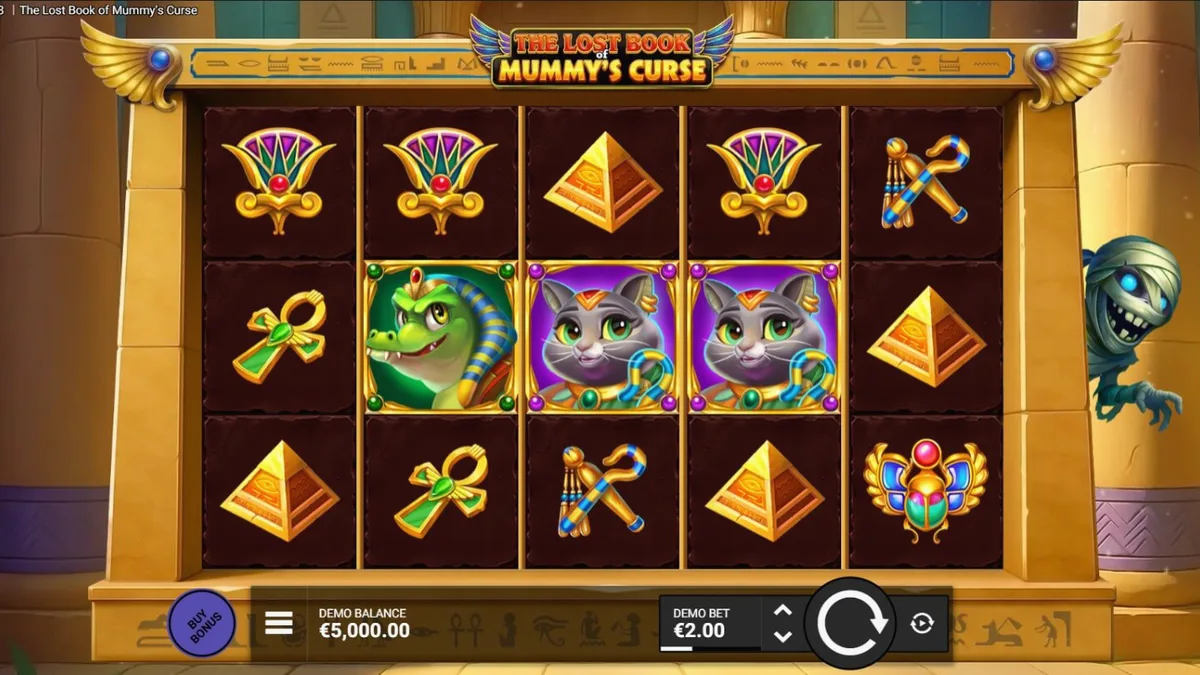 Interface do jogo The Lost Book of Mummy’s Curse com tema egípcio