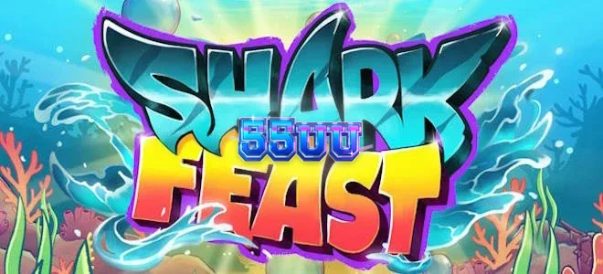 Cenário colorido e vibrante do jogo Shark Feast com criaturas marinhas sob luzes neon.